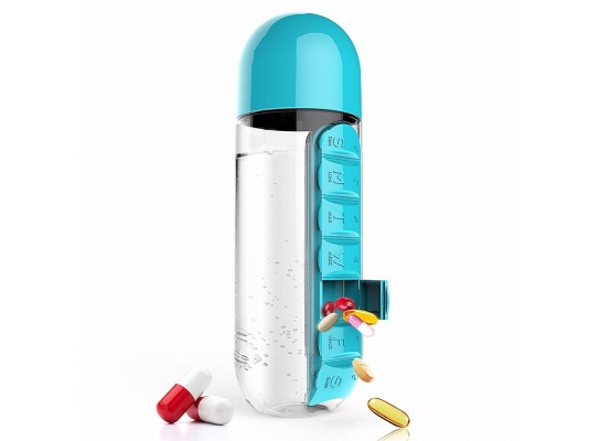 Бутылка для воды с органайзером для таблеток и витаминов голубая, 600мл